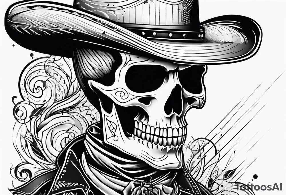 Combintion skeleton cowboy and music tattoo idea