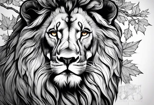 The lion of Judah, which is Jesus Christ, is tied and intertwined within a maple tree, and a cross as well tattoo idea