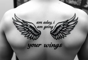 big back tattoo with words saying “one day i am going to grow wings” with wings spreading tattoo idea