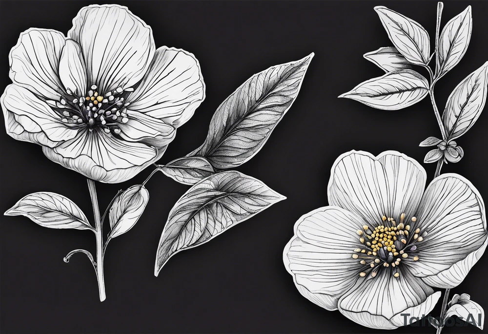 Can you please design a wildflower tattoo with 2 violets as the focal point.  I would like a small blueberry and a small strawberry in the tattoo.  I would like it black and white.  I would like this on my left shoulder cap extending down my upper arm. tattoo idea