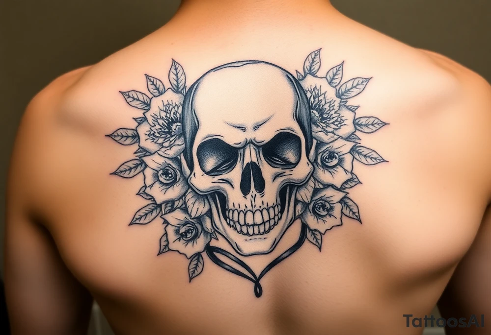 skull, surrounded by floral ornaments tattoo idea