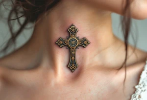 Vintage Cross with Clockwork Design – A tiny vintage bronze cross featuring intricate clock gears in gold and rust, combining faith and time, with some soft shading in the middle of a neck. tattoo idea