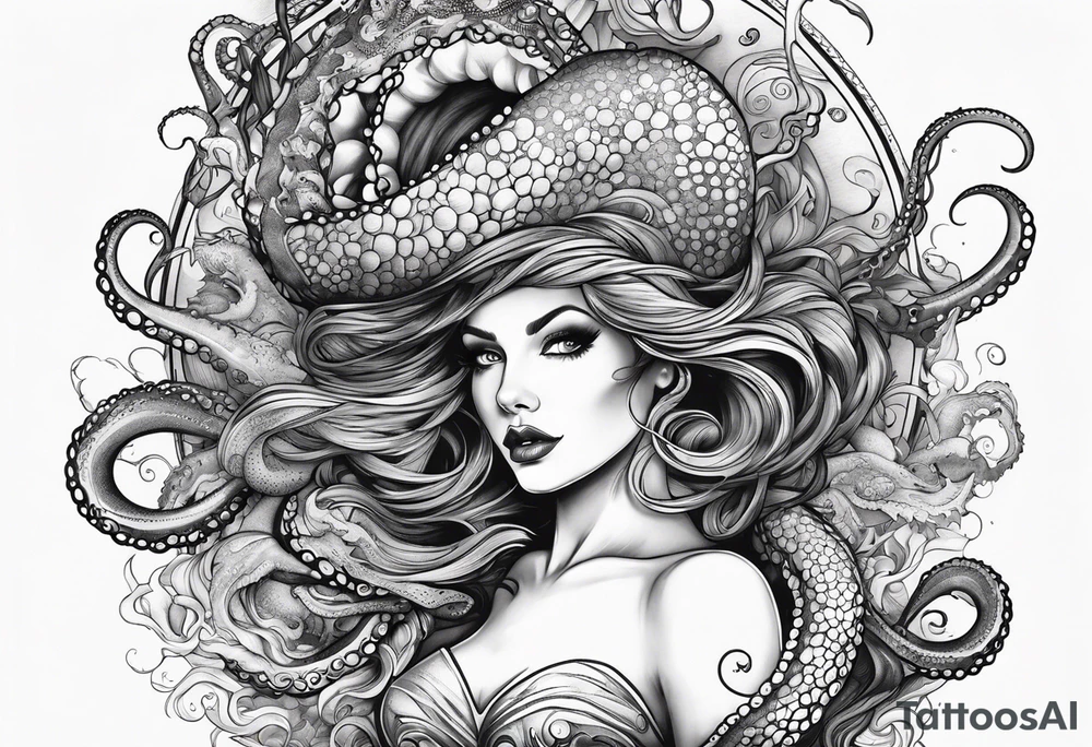 Sea witch with octopus tentacles pinup style tattoo idea