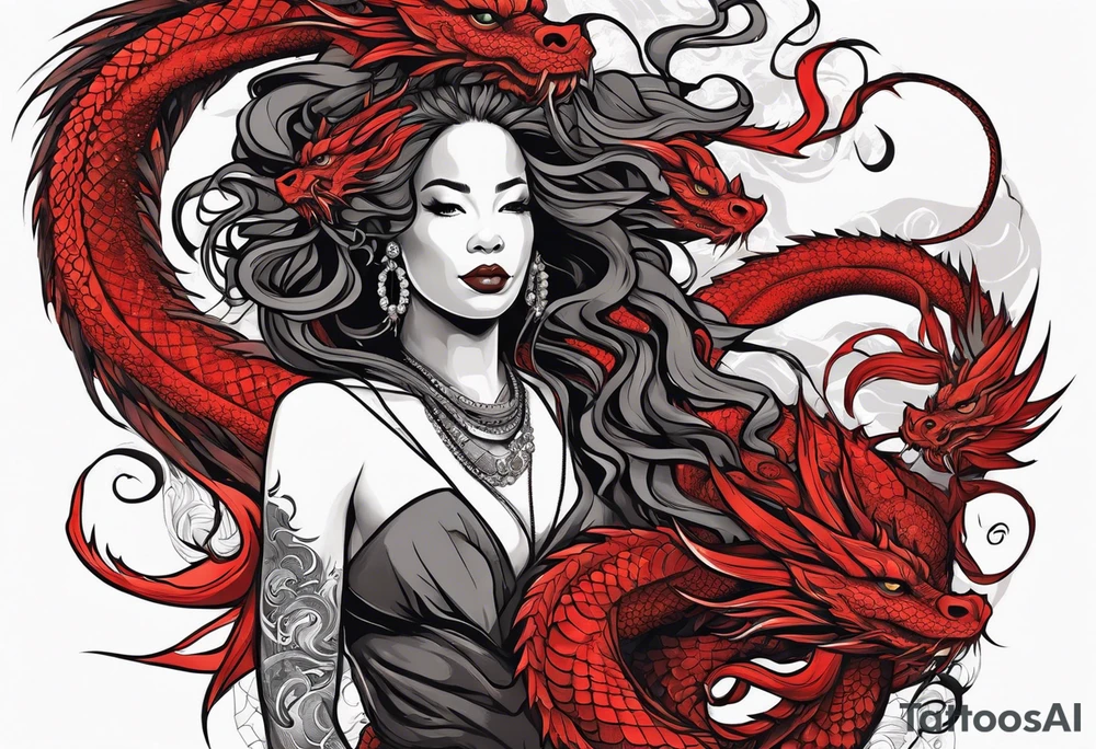 Red dragon wrapping around woman with locs tattoo idea