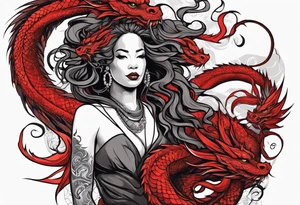 Red dragon wrapping around woman with locs tattoo idea
