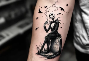 jack skellington smoking,sitting on tombstone, birds, thunderstorm tattoo idea