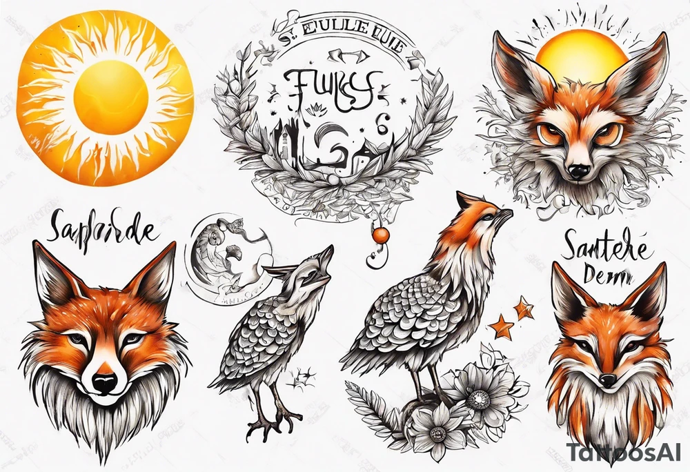 Fuchs und Eule unter der Sonne mit dem Schriftzug Sapere Aude tattoo idea