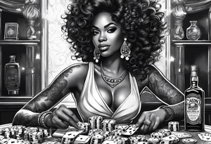 black woman with dice, cards, whiskey. and casino chips tattoo idea