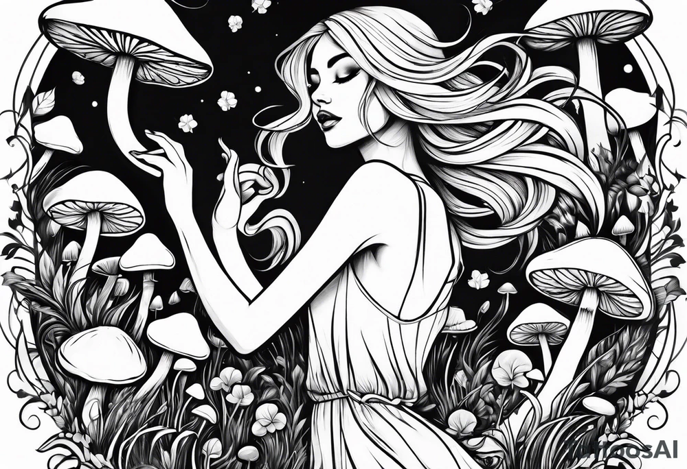 Blonde Girl dancing in field of mushrooms tattoo idea