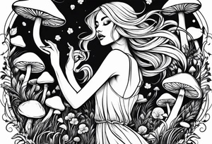 Blonde Girl dancing in field of mushrooms tattoo idea