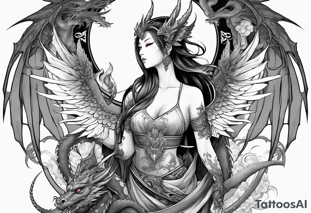 beautiful warrior nymph with dragon wings and dragon friends tattoo idea
