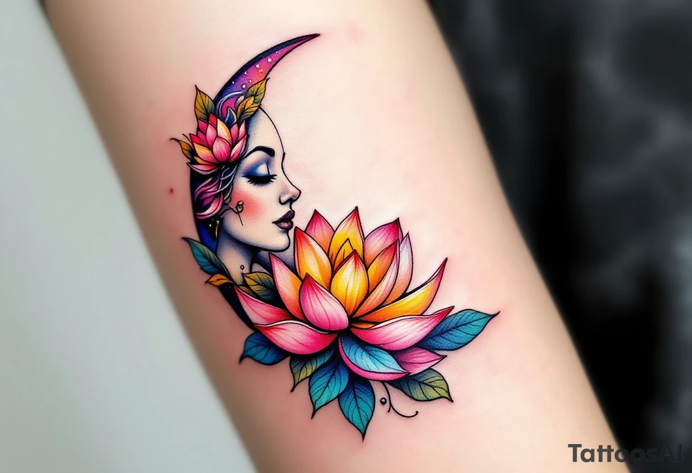 tiny colorful crescent moon with lotus flower tattoo idea