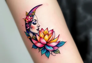 tiny colorful crescent moon with lotus flower tattoo idea