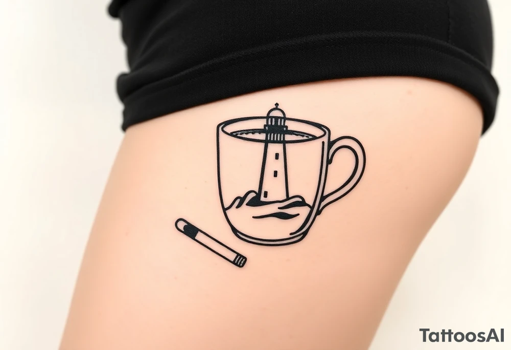 A mug of coffee
 with a picture of a 
 lighthouse on the the mug and a cigarette laying next to it tattoo idea