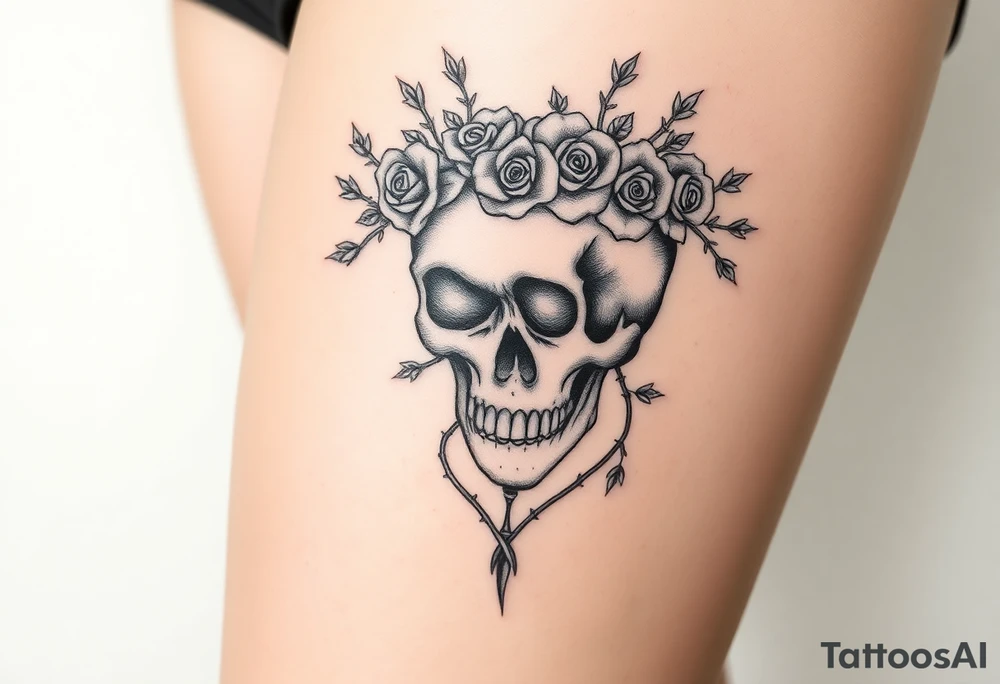 ornate skull adorned with crown of wild roses and thorns tattoo idea
