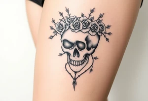ornate skull adorned with crown of wild roses and thorns tattoo idea