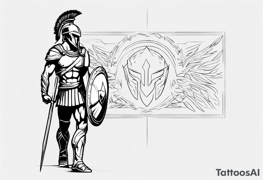 rectangular landscape format ultra-fine line linework vector of a spartan from the side, spartan spear, spartan shield, laurel wreath tattoo idea