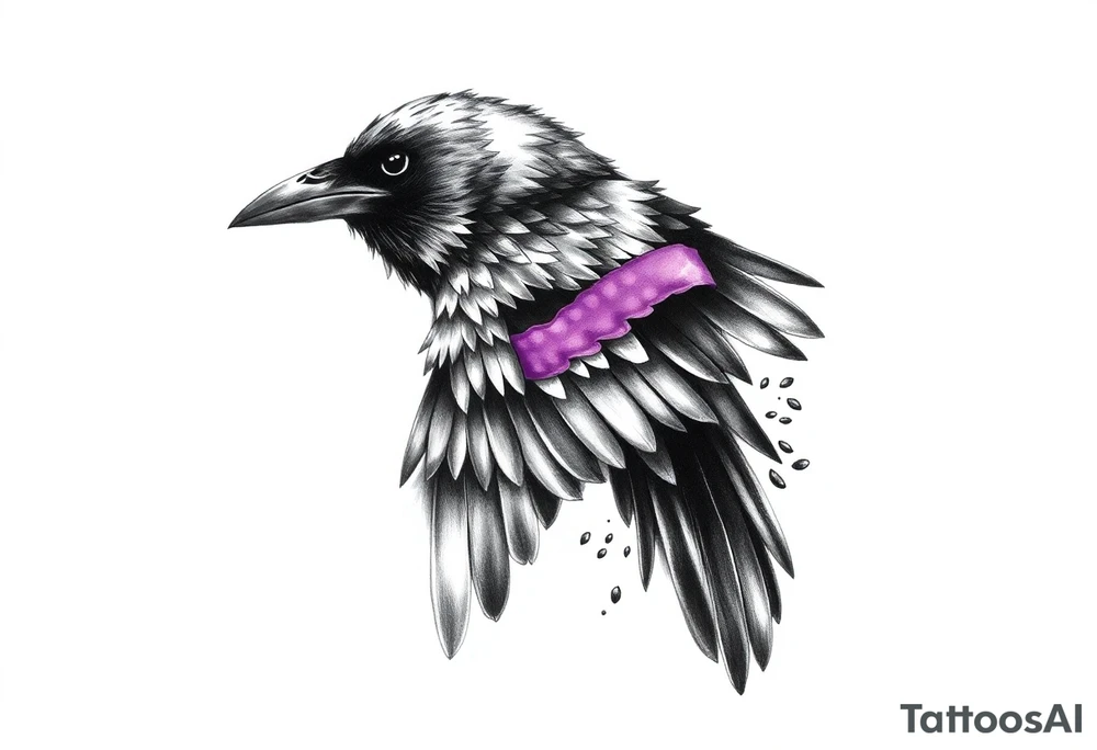 A crow tattoo that incorporates a strip/band of purple somewhere in the design to represent dealing with domestic abuse. tattoo idea