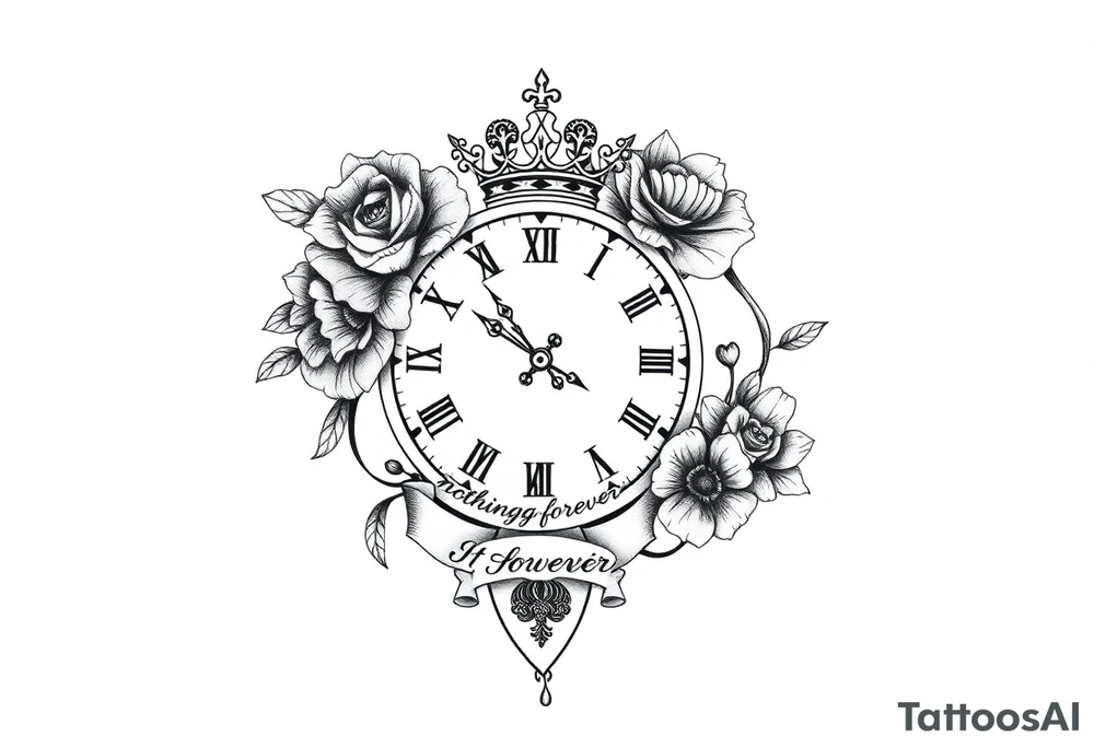 Roman clock with roses and a crown,  a quote that says nothings forever. and on the bottom a deck of cards tattoo idea