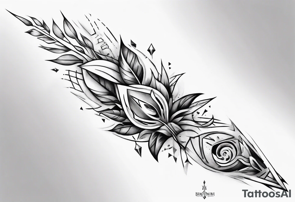 full arm tattoo. pointy leaves combined with geometric shapes. whole arm tattoo idea