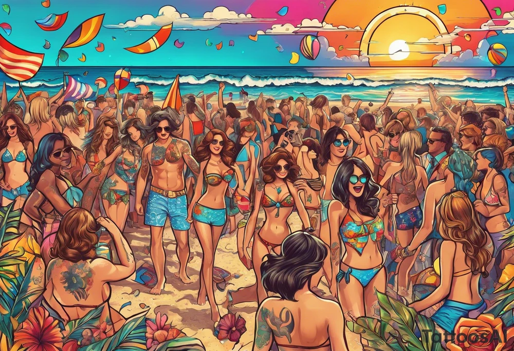 1970'S BEACH PARTY 
party, include confetti, music notes, 
, bikinis sunset in the center tattoo idea