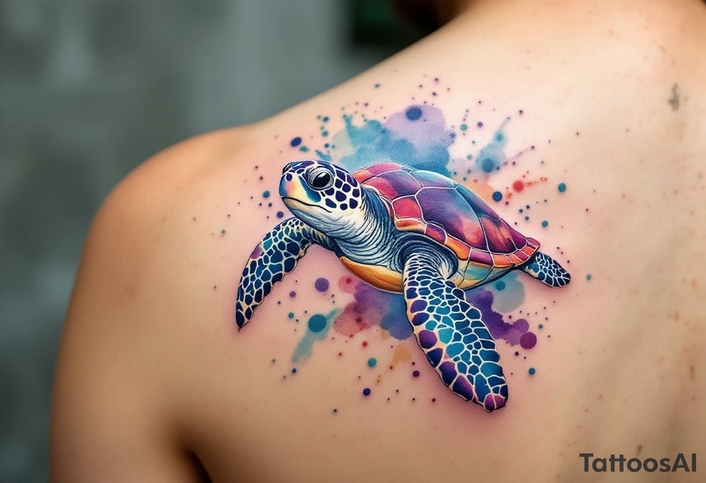Sea turtle with watercolor background splashes tattoo idea