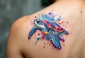 Sea turtle with watercolor background splashes tattoo idea