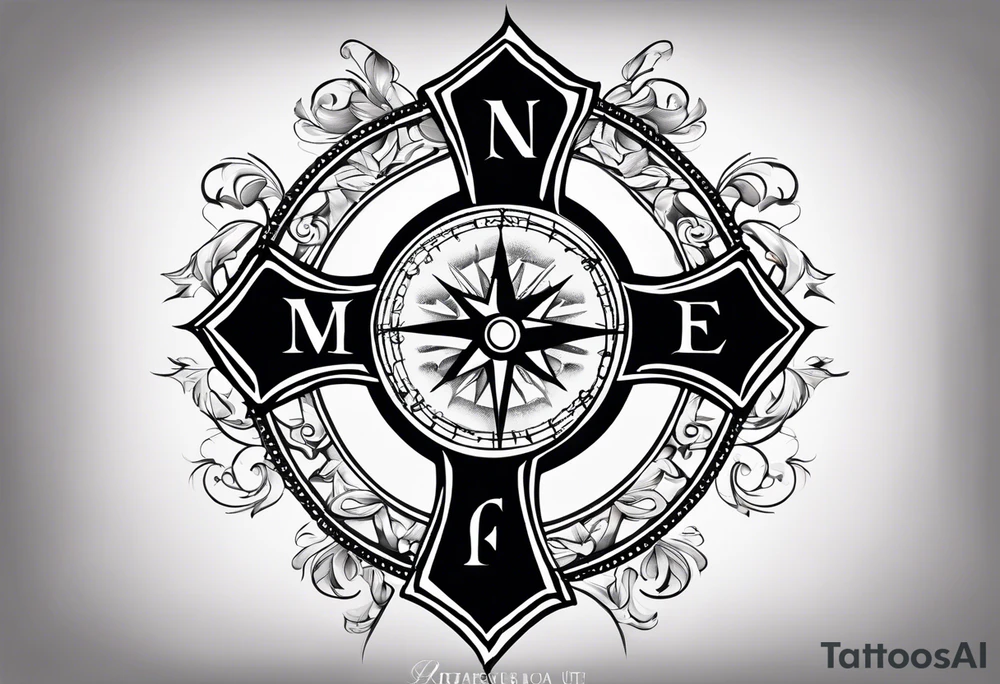 Black cross with compass in the middle with chain wrapped around it tattoo idea