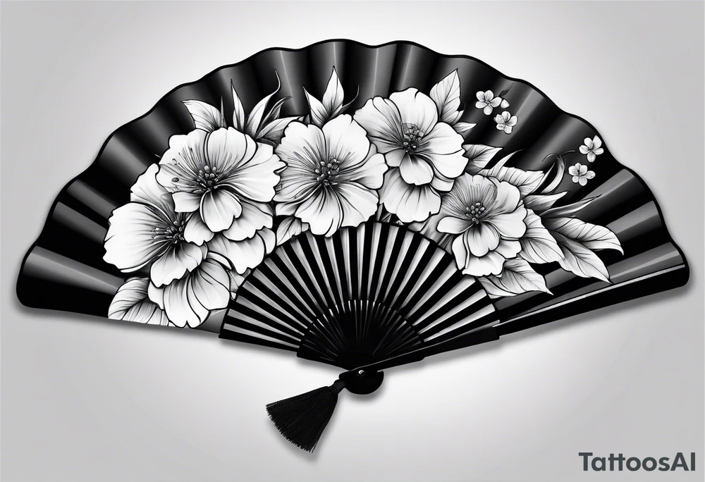 All Black Japanese fan with flowers tattoo idea