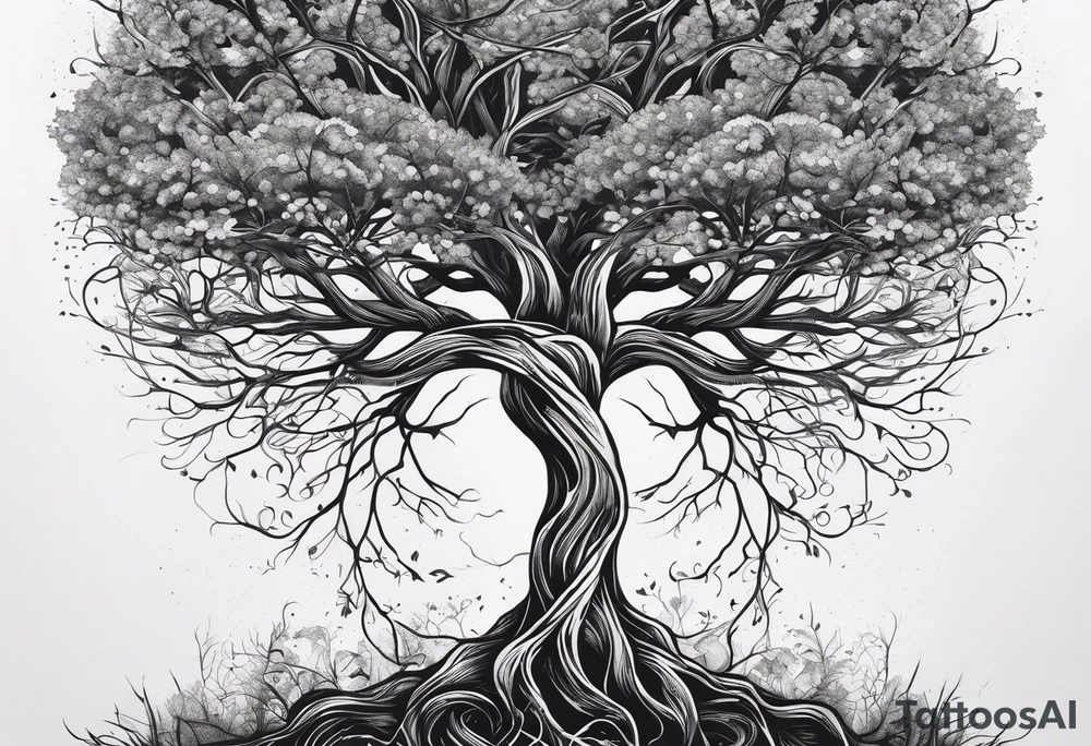 A tree growing from roots within body, with branches reaching outward with the text "life comes from you not at you" tattoo idea