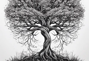 A tree growing from roots within body, with branches reaching outward with the text "life comes from you not at you" tattoo idea