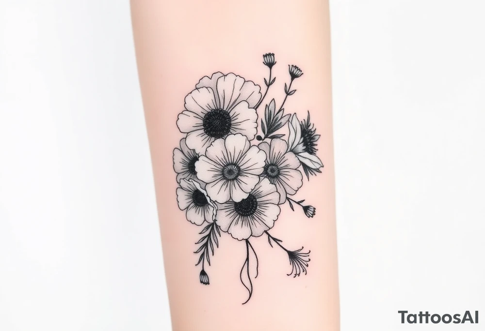 Bouquet of carnation, honeysuckle, poppy, aster and cosmos tattoo idea