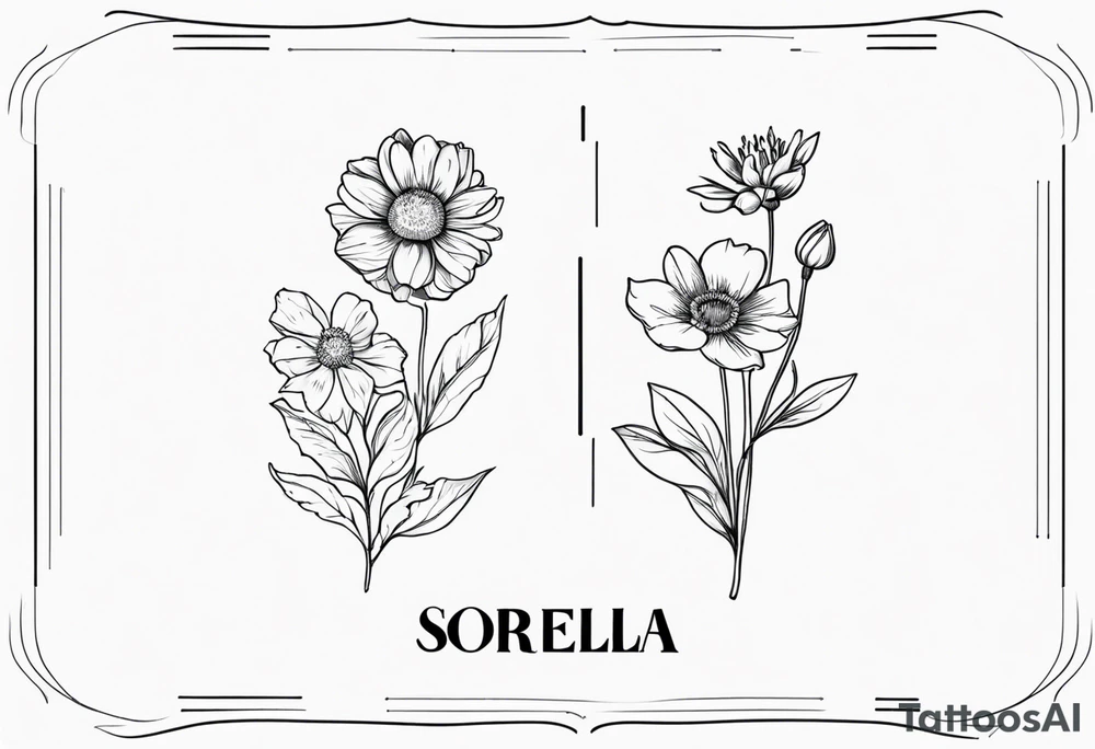 sister tattoo with october and september birth flowers with the word sorella tattoo idea