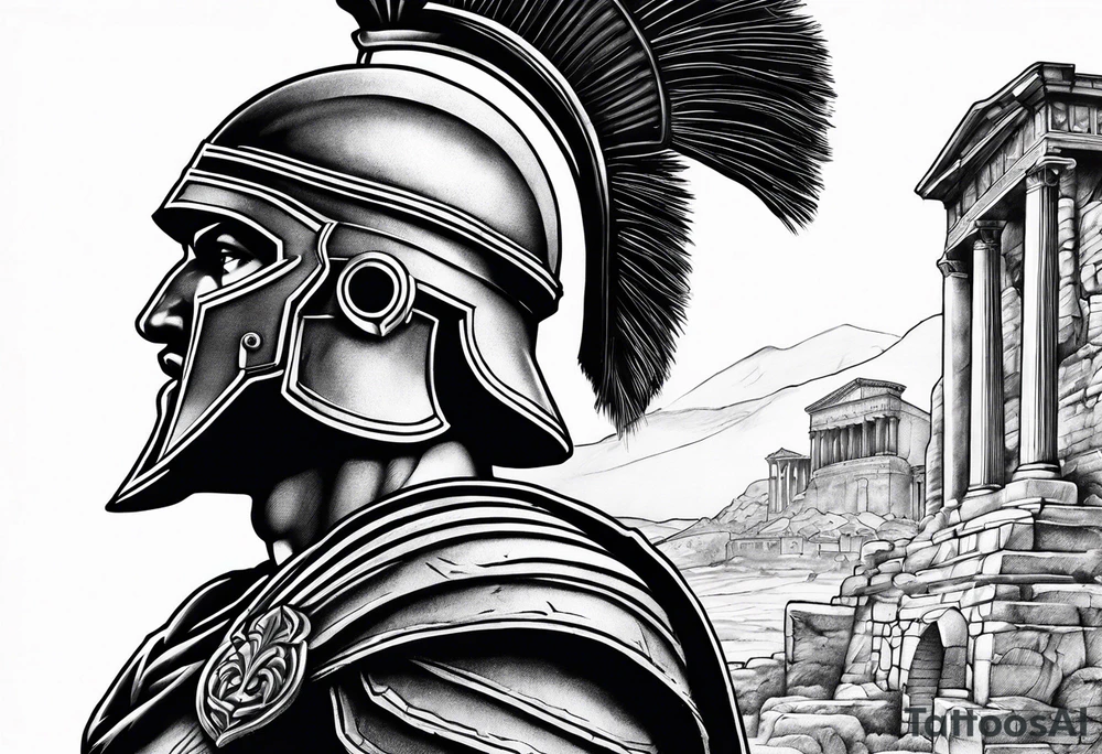 Side profile of spartan soilder with Roman buildings tattoo idea