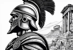 Side profile of spartan soilder with Roman buildings tattoo idea