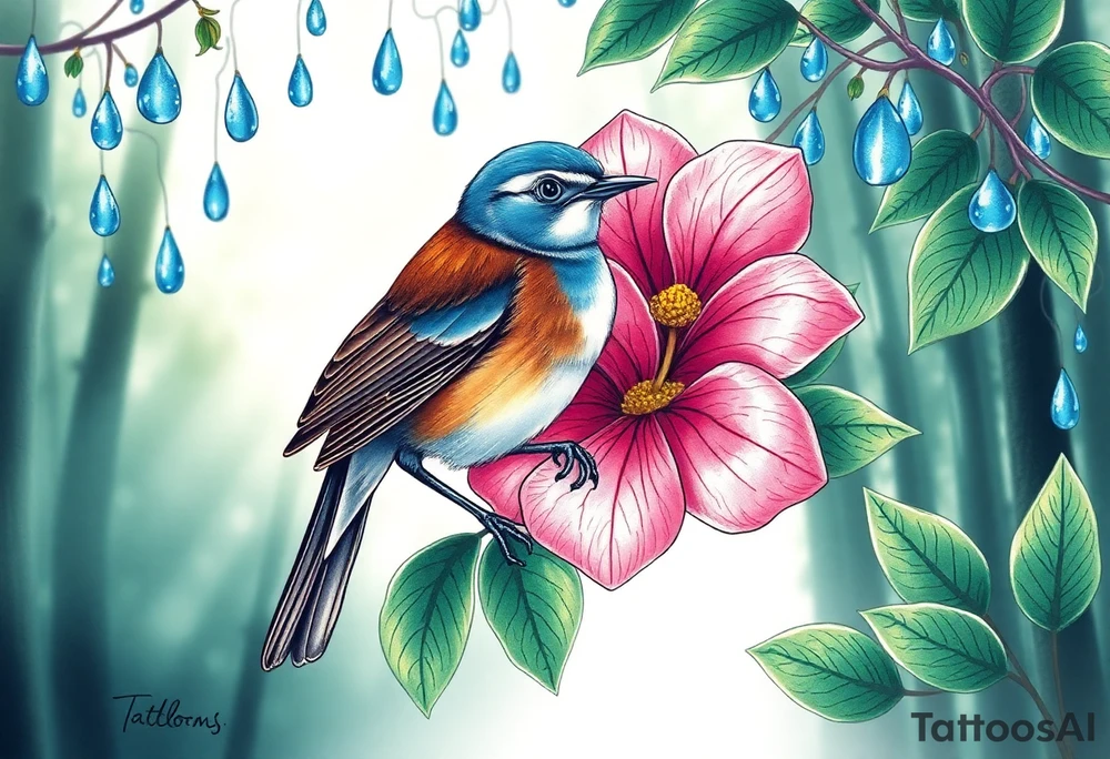 green forest background
blue rain drops
pink camelia flower
blue brown wren bird tattoo idea