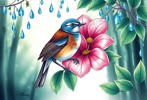 green forest background
blue rain drops
pink camelia flower
blue brown wren bird tattoo idea