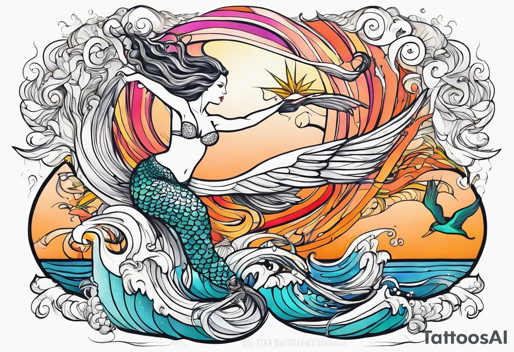mermaid jumping to see pelicans tattoo idea