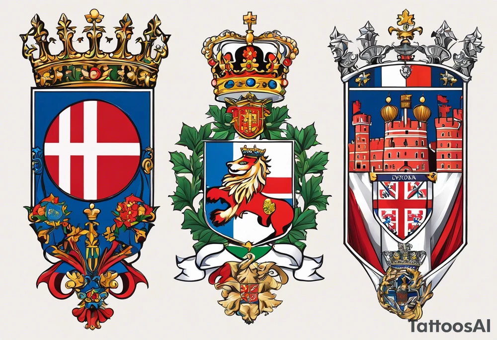 Merge the heraldic elements of england, northern ireland, ireland, scotland, wales, germany, croatia, serbia, slovakia, slovenia, and czech republic intertwined in a harmonious and elegant manner. The design should be symmetrical and suitable for a shoulder placement. tattoo idea