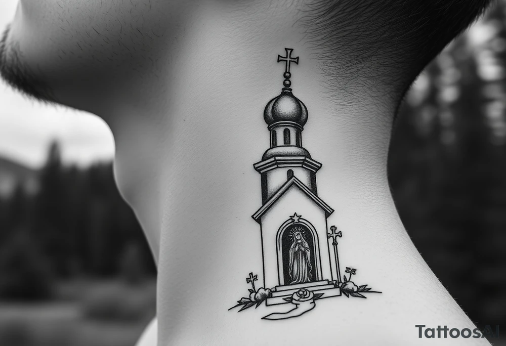 russian design traditional christian orthodox cross with a virgin mary stood beside the entrance of a russian orthodox dome church on the side of the neck in a wilderness setting with the design spread out the side of the neck tattoo idea