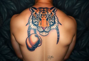 Bengal tiger wearing Muay Thai attire for a kickboxing match as a person would. The surrounding area is jungle tattoo idea