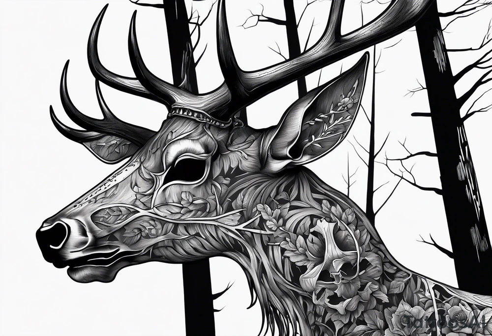A SCARY side view of a decayed deer skull NO SKIN JUST BONE surrounded by a forest fire in background tattoo idea