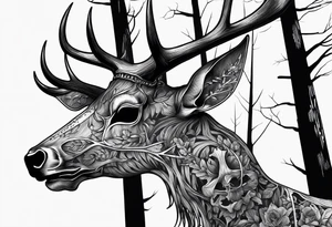 A SCARY side view of a decayed deer skull NO SKIN JUST BONE surrounded by a forest fire in background tattoo idea