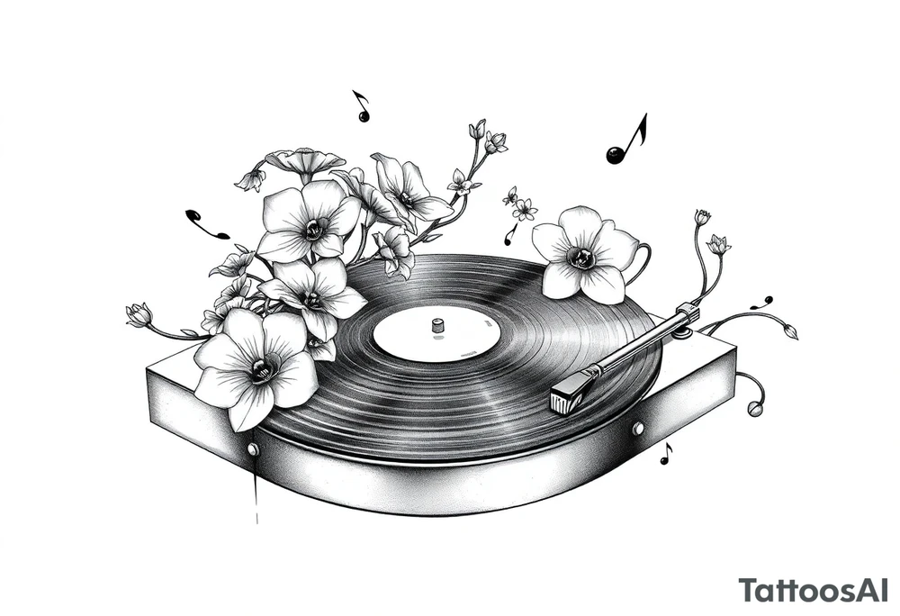 vinyl record player with mushrooms, orchids, and music notes around it tattoo idea