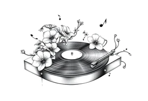 vinyl record player with mushrooms, orchids, and music notes around it tattoo idea