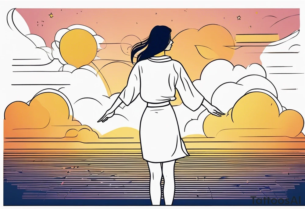 Woman standing with bent knees on a dancefloor pointing her fingers up in the sky tattoo idea