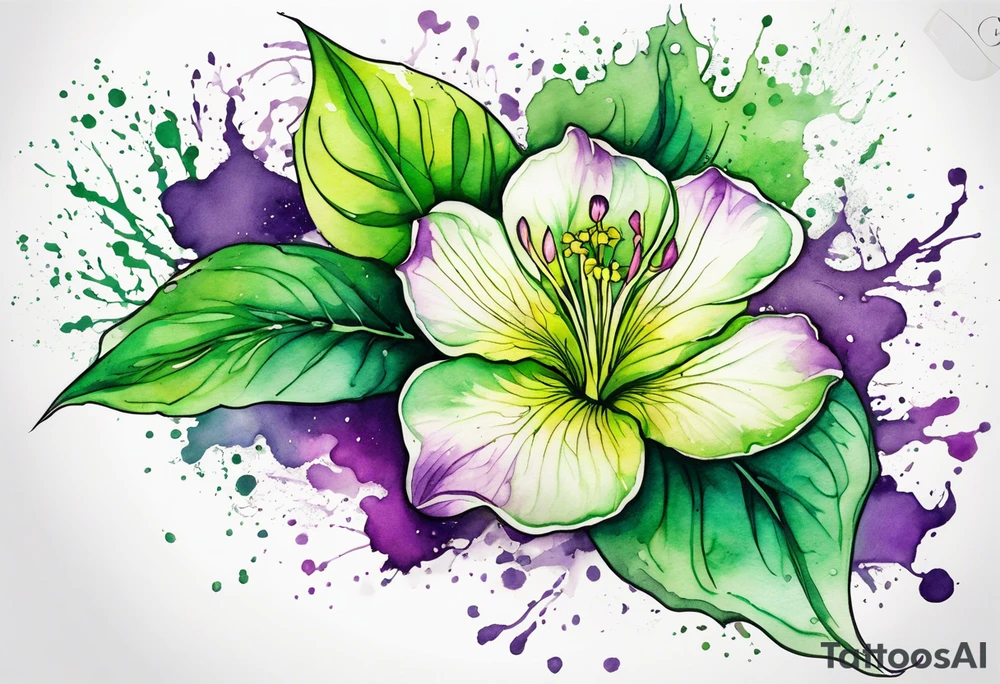 An outline of a green rio dipladenia flower and a green and purple watercolor splash in the background tattoo idea