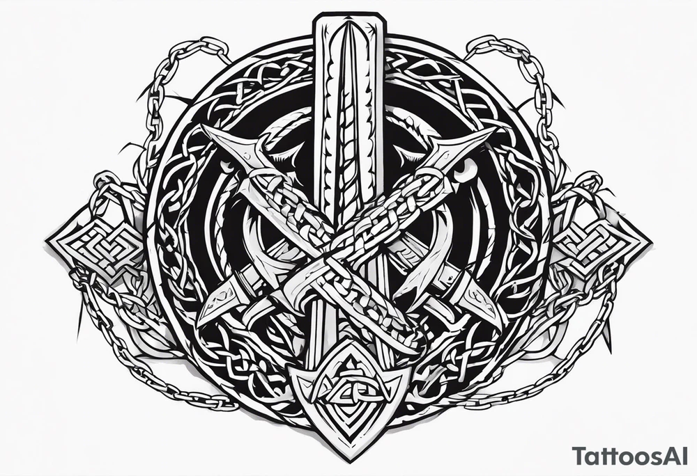 Valhalla sword shield dragon axe Valknut barbed wire chains tattoo idea Valhalla sword shield dragon axe Valknut barbed wire chains tattoo idea