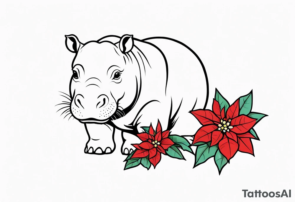 Baby hippo with poinsettia tattoo idea