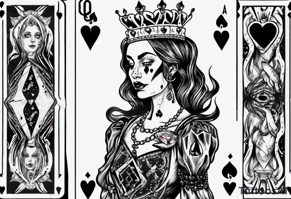queen of hearts card with the queen holding a diamond and crying black tears, with blank eyes tattoo idea